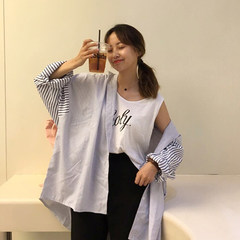 In the autumn of 2017 New South Korean students all-match chic wind shirt bottoming shirt baggy shirt sleeved white shirt woman S 9028 stripes