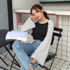 In the autumn of 2017 new Korean chic stripe mosaic coat all-match loose shirt long sleeved T-shirt of female students F black
