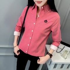 New 2017 plus short cashmere shirt sleeved loose shirt Korean female thickened all-match shirt S Watermelon Red
