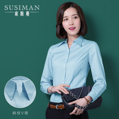 Autumn professional white shirt long sleeved girl Han Fan OL students shirt big size business suit interview overalls L/38 Sky blue