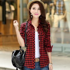 Autumn cotton pure warm plaid shirt, women's long sleeve plus thick thickening sweater M Red and black
