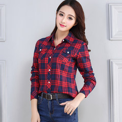 Autumn and winter new pure cotton loose Plaid blouse, long sleeve female Korean version, thin bottoming shirt, big size women's clothing student coat XL (Golden Plaid) Red and blue