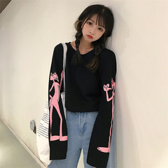Female T-shirt of autumn clothes to wear long sleeved outside the pink panther Korean students ulzzang BF wind chic Harajuku loose clothes M black
