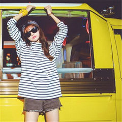 A black and white striped shirt, long sleeved t-shirt female Korean loose clothes slim all-match autumn wind F white