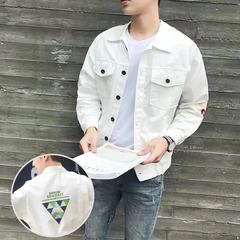 Hong Kong Young autumn style light blue washed broken denim jacket, Korean style large size lapel collar trend coat 3XL # white color triangle