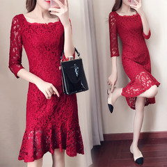 2017 autumn outfit new style, seven length sleeve red lace dress, female autumn and winter skirt skirt, fishtail skirt S Claret