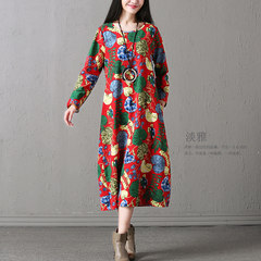 Every day special offer cotton long sleeved dress female autumn large size women loose in the long section of the Fan Qunzi stamp M Red background flower green