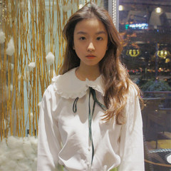春秋女装新款韩版少女系带娃娃领宽松长袖衬衫学生衬衣上衣打底衫 均码 白色