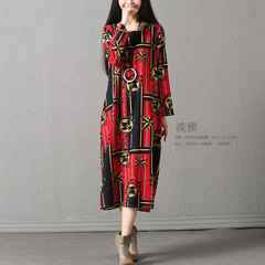 Every day special offer cotton long sleeved dress female autumn large size women loose in the long section of the Fan Qunzi stamp M Red blue block
