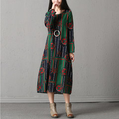 Every day special offer cotton long sleeved dress female autumn large size women loose in the long section of the Fan Qunzi stamp M green
