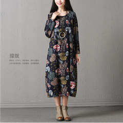 Every day special offer cotton long sleeved dress female autumn large size women loose in the long section of the Fan Qunzi stamp M Tibet Navy