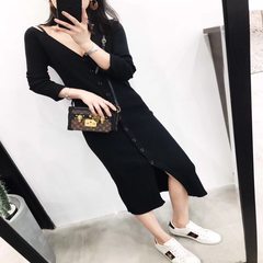 2017 new fall waist slim single row buckle collar V two before and after wearing knitted dress Maxi Dress F black