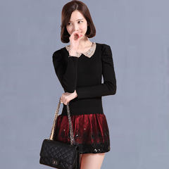 Special offer every day new winter dress dress doll collar sweater sweater two fake stitching lace skirt 3XL gules