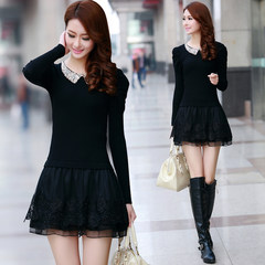 Special offer every day new winter dress dress doll collar sweater sweater two fake stitching lace skirt 3XL black