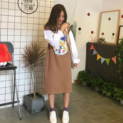 2017 autumn Couture Korean hooded stitching sleeve cartoon printed in the long slit dress students tide F Coffee color