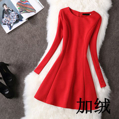2017 autumn dress, new female Korean dress dress, a skirt, red long sleeves big dress, winter and autumn thickening 3XL Add velvet money (red)