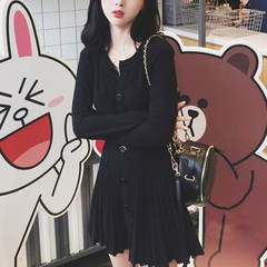 In the autumn of 2017 new women's Korean thin black skirt small fragrant pink dress and long sleeved knit S black