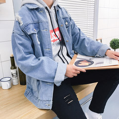 The new trend of Korean male denim jacket 2017 loose and long sleeve jacket BF Fengpo autumn student hole jeans 3XL JK58-9 light blue