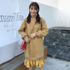 Autumn and winter women's Korean version of the long lotus leaf splicing false two thickening loose sleeve long hair dress students F Ginger