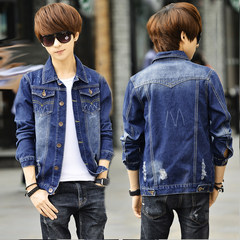 Spring and autumn hole Denim Jacket Mens Korean men jacket leisure clothes slim youth fashion gown 3XL Blue jeans