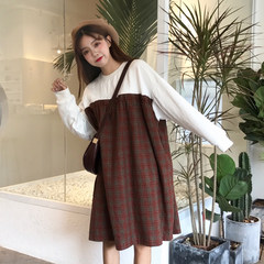 2017 autumn and winter new version of the Korean version of long loose Plaid splicing sleeve sleeve long sleeve dress, thin students female F white