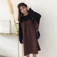 2017 autumn and winter new version of the Korean version of long loose Plaid splicing sleeve sleeve long sleeve dress, thin students female F black
