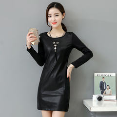 2017 fall fashion slim slim leather PU long dress all-match cashmere shirt dress with thick tide L (quality assurance) Black (without NAP)