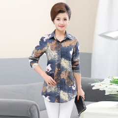 In older women's spring cotton or linen shirt in the long loose size middle-aged mom added thick long sleeved shirt fabric XL (90-105 Jin) blue