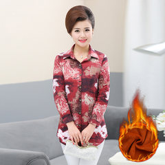 In older women's spring cotton or linen shirt in the long loose size middle-aged mom added thick long sleeved shirt fabric XL (90-105 Jin) Red (with velvet)