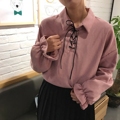 秋装女装2017新款韩版宽松丝绒衬衫领口绑带学生长袖打底上衣衬衣 均码 粉红色
