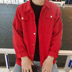 2017 new spring coat young Korean couple men fall Harajuku wind BF denim jacket lapel dress tide 3XL Pure red jeans jacket