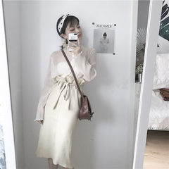 Han Feng Chic pure simple long sleeved shirt slim slim dress skirt strap all-match buds F Beige skirt