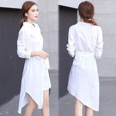 Cotton shirts, autumn dresses, new women's suits, long sleeves, loose white tops, belts, thin, Han, fan, middle and long ladies' shirts tide S white