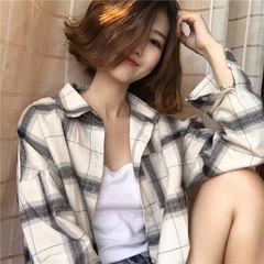 2017 Hitz all-match lattice loose Korean temperament thin long sleeved shirt coat dress fringed students F white square