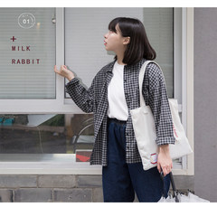 Milk rabbit planet - homemade Japanese small autumn Plaid Shirt sleeved loose sweater coat girl Harajuku Polo BF wind Single code black