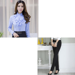 2017 new white shirt collar size plus cashmere shirts slim long sleeved shirt and thickened female occupation. 3XL Light blue shirt (without NAP) + trousers