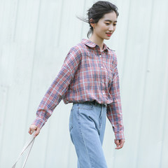 In the autumn of 2017 new Korean all-match literary small fresh female cotton shirt sleeves loose Plaid Shirt F Powder lattice