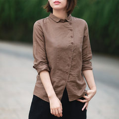 The design of leisure surplice loose solid Linen Shirt Lapel female thick long sleeved autumn new cotton dress M Coffee