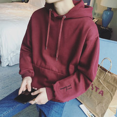 Autumn and winter comfort character of young hooded with thick long sleeved sweater cashmere fashion embroidery handsome young men loose hoodies S/165 Wine red (thickened)