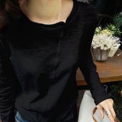 White T-shirt, loose blouse, long sleeve, Korean cotton, slub cotton, simple autumn blouse, 2017 new T-shirt tide S black