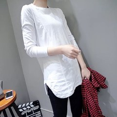 In autumn 2017, the new version of the Korean collar is a long, medium length pure cotton white shirt, long sleeve T-shirt, female tide 3XL White stitching