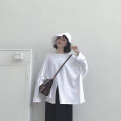 Harajuku wind ulzzang retro autumn dress size BF all-match split loose T-shirt long sleeve blouse students tide F white