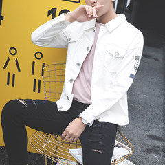Men's clothing, youth embroidery, lapel jacket, spring and autumn fashion, men's shirt, personality, casual denim jacket S 082 white
