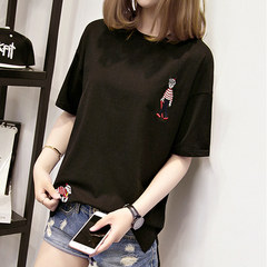 In the summer of Han van cotton short sleeved t-shirt female Korean students split loose all-match half sleeve clothes embroidered cartoon M black