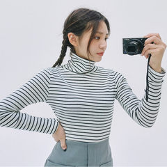 A shirt female long sleeve winter 2017 with new all-match cashmere loose Korean students stripe T-shirt jacket 3XL Stripe white