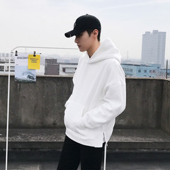 Simple Korean color cotton hooded sweater sweater high street men's hip hop hoodies sweater male head all-match S Light grey (thickened winter)