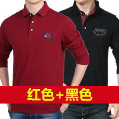 Autumn Jeep Jeep long sleeved T-shirt Lapel loose cotton sweater size male shirt T-shirt middle-aged men 2XL [recommended weight 160-175 Jin] Red + Black