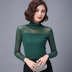 Autumn and winter new large size women's shirt with thickened cashmere turtleneck gauze lace shirt female long sleeved T-shirt 3XL 639 ink green