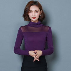 Autumn and winter new large size women's shirt with thickened cashmere turtleneck gauze lace shirt female long sleeved T-shirt 3XL 209 purple