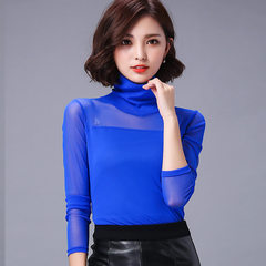 Autumn and winter new large size women's shirt with thickened cashmere turtleneck gauze lace shirt female long sleeved T-shirt XL 639 blue